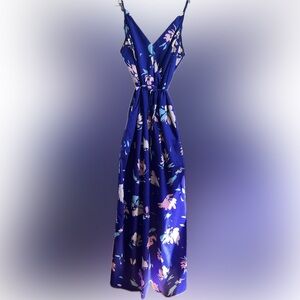 Summer Spaghetti Strap Floral Blue Dress with Pockets